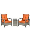 Outsunny 3 pcs PE Rattan Wicker Garden Furniture Set with Storage Table and Chairs, Orange Cushions, Grey Wicker