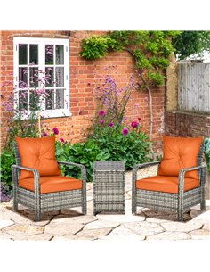 Outsunny 3 pcs PE Rattan Wicker Garden Furniture Set with Storage Table and Chairs, Orange Cushions, Grey Wicker 2