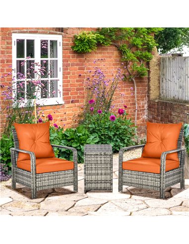 Outsunny 3 pcs PE Rattan Wicker Garden Furniture Set with Storage Table and Chairs, Orange Cushions, Grey Wicker