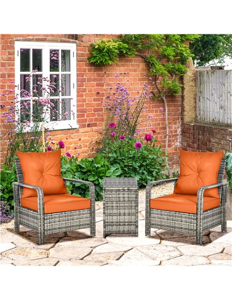 Outsunny 3 pcs PE Rattan Wicker Garden Furniture Set with Storage Table and Chairs, Orange Cushions, Grey Wicker - pic 31173 | FastDaddyshop