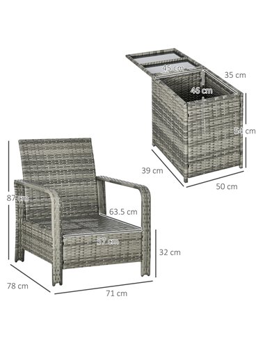 Outsunny 3 pcs PE Rattan Wicker Garden Furniture Set with Storage Table and Chairs, Orange Cushions, Grey Wicker