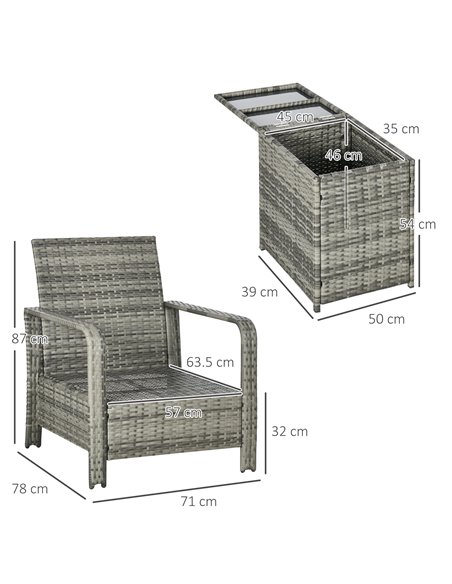 Outsunny 3 pcs PE Rattan Wicker Garden Furniture Set with Storage Table and Chairs, Orange Cushions, Grey Wicker - pic 31174 | FastDaddyshop