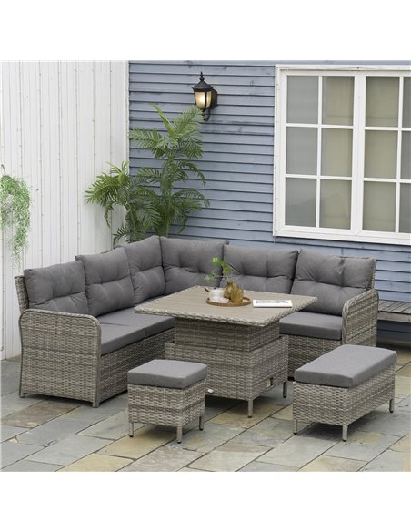 Outsunny 6 Pieces Outdoor PE Rattan Garden Furniture Set with Corner Sofa, Soft Padded Cushion, Liftable Coffee Table, Grey - pic 31191 | FastDaddyshop