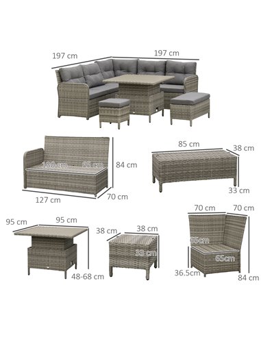 Outsunny 6 Pieces Outdoor PE Rattan Garden Furniture Set with Corner Sofa, Soft Padded Cushion, Liftable Coffee Table, Grey