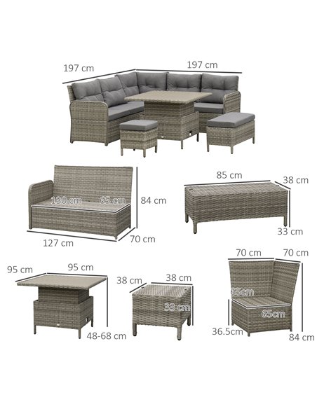 Outsunny 6 Pieces Outdoor PE Rattan Garden Furniture Set with Corner Sofa, Soft Padded Cushion, Liftable Coffee Table, Grey - pic 31192 | FastDaddyshop