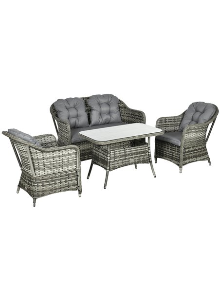 Outsunny 4 Pieces Outdoor PE Rattan Garden Furniture Set with Woven Conversation Sofa, Tempered Glass Top Table, Grey - pic 31199 | FastDaddyshop