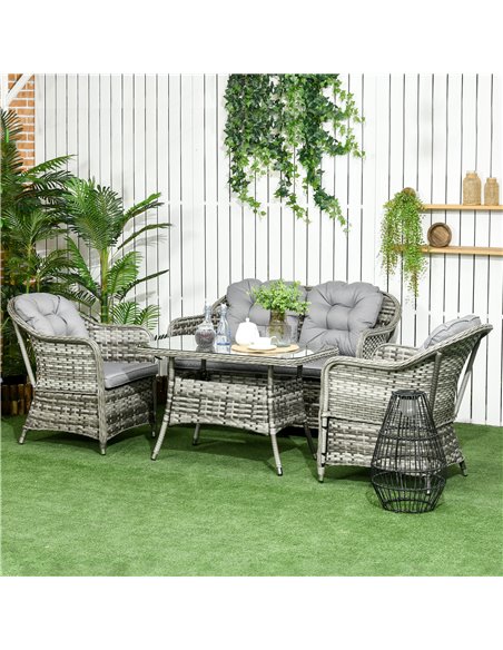 Outsunny 4 Pieces Outdoor PE Rattan Garden Furniture Set with Woven Conversation Sofa, Tempered Glass Top Table, Grey - pic 31200 | FastDaddyshop