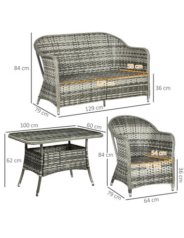 Outsunny 4 Pieces Outdoor PE Rattan Garden Furniture Set with Woven Conversation Sofa, Tempered Glass Top Table, Grey