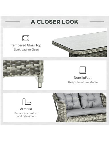 Outsunny 4 Pieces Outdoor PE Rattan Garden Furniture Set with Woven Conversation Sofa, Tempered Glass Top Table, Grey