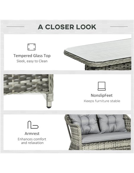 Outsunny 4 Pieces Outdoor PE Rattan Garden Furniture Set with Woven Conversation Sofa, Tempered Glass Top Table, Grey - pic 31204 | FastDaddyshop