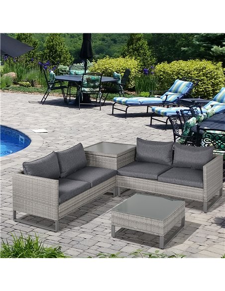 Outsunny 4-Seater PE Rattan Sofa Set with Coffee Table, Side Storage Box, Cushion, Grey - pic 31236 | FastDaddyshop