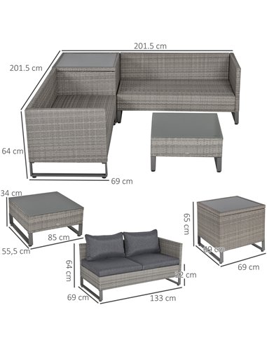 Outsunny 4-Seater PE Rattan Sofa Set with Coffee Table, Side Storage Box, Cushion, Grey