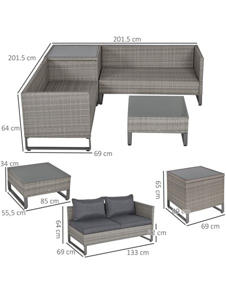 Outsunny 4-Seater PE Rattan Sofa Set with Coffee Table, Side Storage Box, Cushion, Grey - pic 31237 | FastDaddyshop