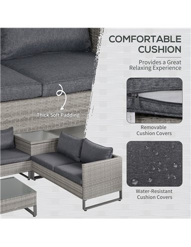 Outsunny 4-Seater PE Rattan Sofa Set with Coffee Table, Side Storage Box, Cushion, Grey