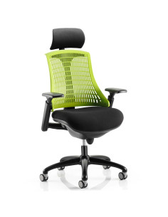 Flex Task Operator Chair Black Fabric Seat, Green Back With Arms, Headrest KC0106