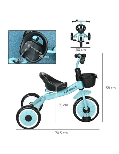 AIYAPLAY Kids Trike, Tricycle, with Adjustable Seat, Basket, Bell, for Ages 2-5 Years - Blue 370-267V00BU