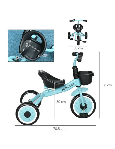 AIYAPLAY Kids Trike, Tricycle, with Adjustable Seat, Basket, Bell, for Ages 2-5 Years - Blue 370-267V00BU - pic 33377 | FastDaddyshop