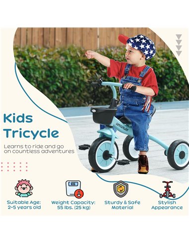 AIYAPLAY Kids Trike, Tricycle, with Adjustable Seat, Basket, Bell, for Ages 2-5 Years - Blue 370-267V00BU
