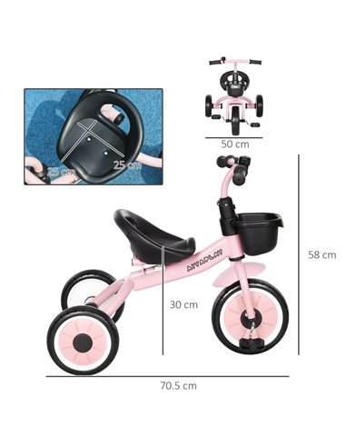AIYAPLAY Kids Trike, Tricycle, with Adjustable Seat, Basket, Bell, for Ages 2-5 Years - Pink 370-267V00PK