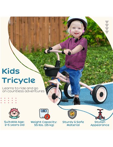 AIYAPLAY Kids Trike, Tricycle, with Adjustable Seat, Basket, Bell, for Ages 2-5 Years - Pink 370-267V00PK