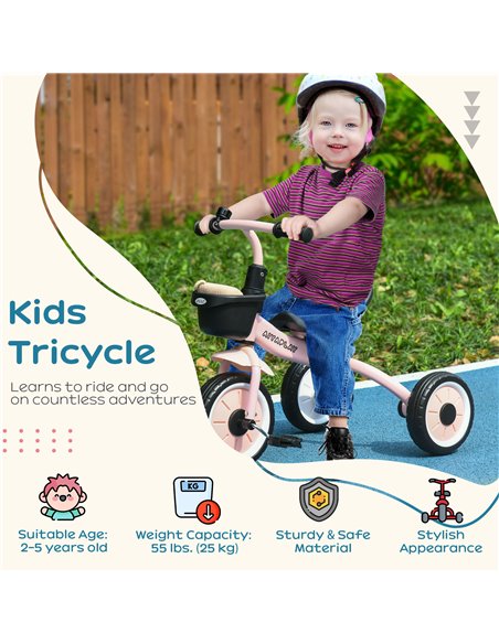 AIYAPLAY Kids Trike, Tricycle, with Adjustable Seat, Basket, Bell, for Ages 2-5 Years - Pink 370-267V00PK - pic 33387 | FastDaddyshop