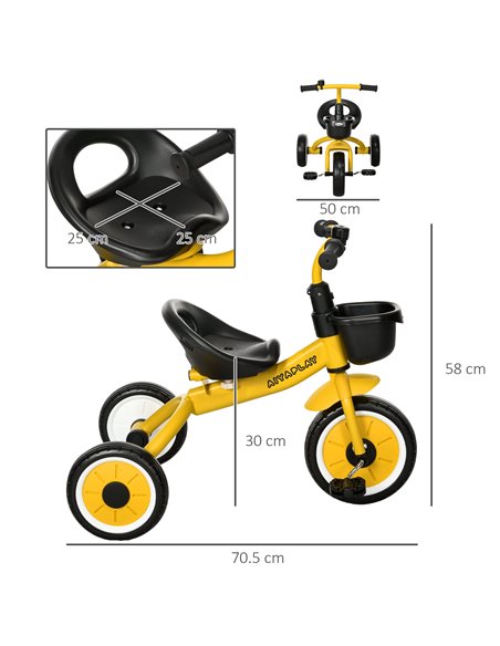 AIYAPLAY Kids Trike, Tricycle, with Adjustable Seat, Basket, Bell, for Ages 2-5 Years - Yellow 370-267V00YL - pic 33404 | FastDaddyshop