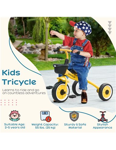 AIYAPLAY Kids Trike, Tricycle, with Adjustable Seat, Basket, Bell, for Ages 2-5 Years - Yellow 370-267V00YL