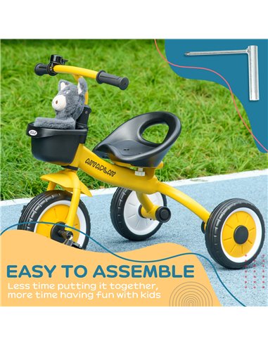 AIYAPLAY Kids Trike, Tricycle, with Adjustable Seat, Basket, Bell, for Ages 2-5 Years - Yellow 370-267V00YL