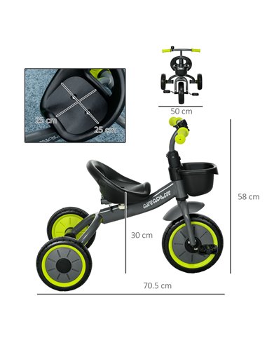 AIYAPLAY Kids Trike, Tricycle, with Adjustable Seat, Basket, Bell, for Ages 2-5 Years - Black 370-267V00BK