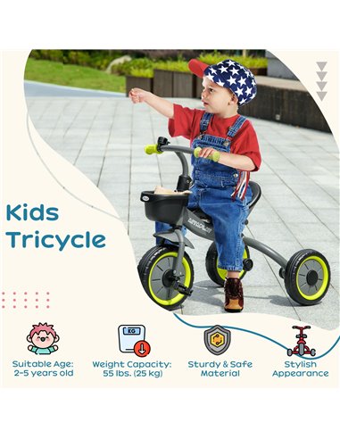 AIYAPLAY Kids Trike, Tricycle, with Adjustable Seat, Basket, Bell, for Ages 2-5 Years - Black 370-267V00BK