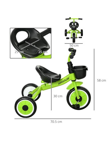 AIYAPLAY Kids Trike, Tricycle, with Adjustable Seat, Basket, Bell, for Ages 2-5 Years - Green 370-267V00GN