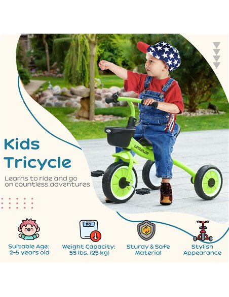 AIYAPLAY Kids Trike, Tricycle, with Adjustable Seat, Basket, Bell, for Ages 2-5 Years - Green 370-267V00GN - pic 33423 | FastDaddyshop