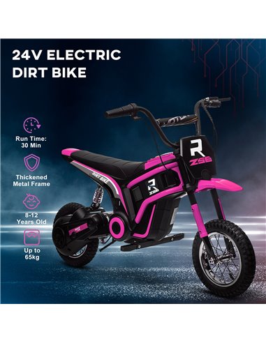 HOMCOM 24V Electric Motorbike, Dirt Bike with Twist Grip Throttle, Music Horn, 12" Pneumatic Tyres, 16 Km/h Max. Speed, Pink 370