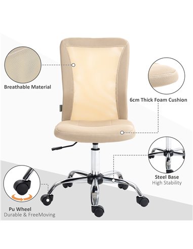 Vinsetto Computer Desk Chair, Mesh Office Chair with Adjustable Height and Swivel Wheels, Armless Study Chair, Beige 921-226V70B