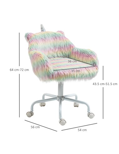 Vinsetto Unicorn Home Office Chair, Height Adjustable Fluffy Desk Chair with Armrests and Swivel Wheels, Colourful 833-940V71WT