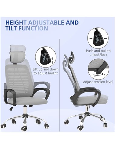 Vinsetto Ergonomic Office Chair, Mesh Desk Chair with Rotatable Headrest, Lumbar Back Support, Armrest, Grey 921-692V70GY