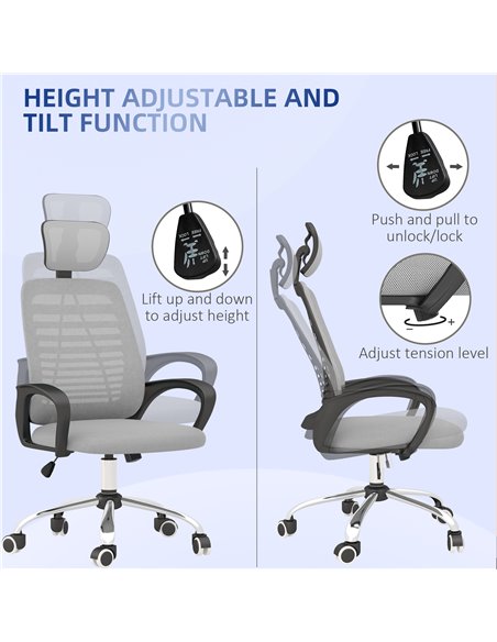 Vinsetto Ergonomic Office Chair, Mesh Desk Chair with Rotatable Headrest, Lumbar Back Support, Armrest, Grey 921-692V70GY - pic 33882 | FastDaddyshop