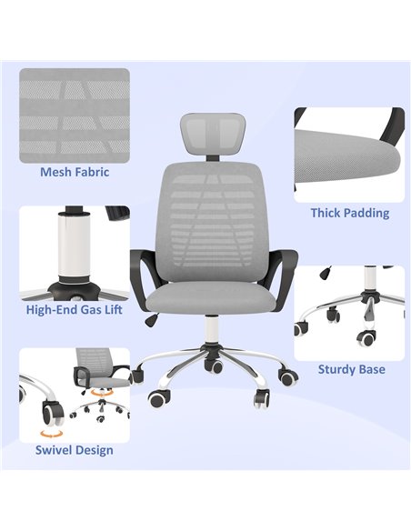Vinsetto Ergonomic Office Chair, Mesh Desk Chair with Rotatable Headrest, Lumbar Back Support, Armrest, Grey 921-692V70GY - pic 33885 | FastDaddyshop