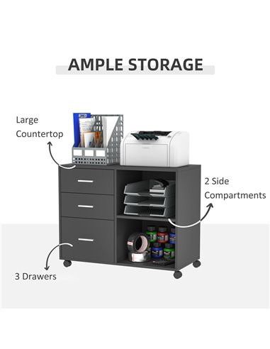 HOMCOM Freestanding Printer Stand Unit Office Desk Side Mobile Storage w/ Wheels 3 Drawers, 2 Open Shelves Modern Style 80L x 40