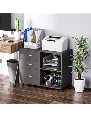 HOMCOM Freestanding Printer Stand Unit Office Desk Side Mobile Storage w/ Wheels 3 Drawers, 2 Open Shelves Modern Style 80L x 40