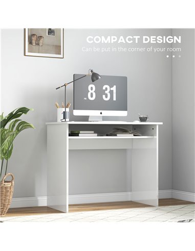 HOMCOM 90 x 50cm Computer Table, Modern Home Office Desk, Small Writing Desk with Storage Shelf, High Gloss White 836-046V01WT