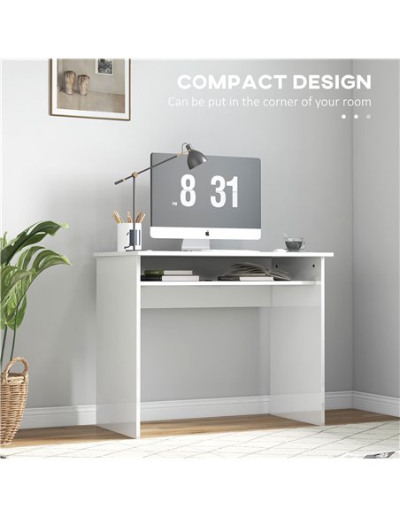 HOMCOM 90 x 50cm Computer Table, Modern Home Office Desk, Small Writing Desk with Storage Shelf, High Gloss White 836-046V01WT - pic 33956 | FastDaddyshop