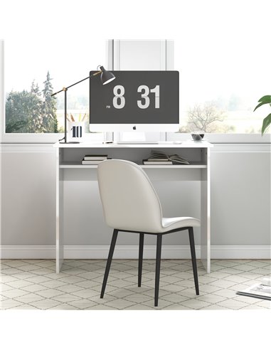 HOMCOM 90 x 50cm Computer Table, Modern Home Office Desk, Small Writing Desk with Storage Shelf, High Gloss White 836-046V01WT