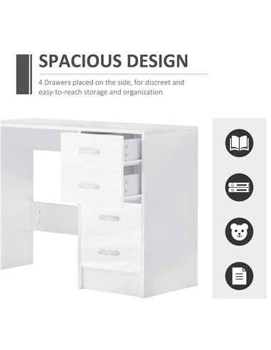 HOMCOM Computer Writing Desk with 4 Drawers, High Gloss Home Office Workstation, White 02-0704