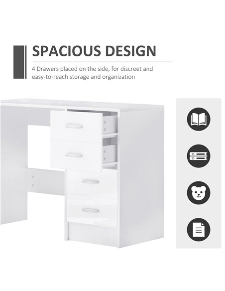HOMCOM Computer Writing Desk with 4 Drawers, High Gloss Home Office Workstation, White 02-0704 - pic 34026 | FastDaddyshop