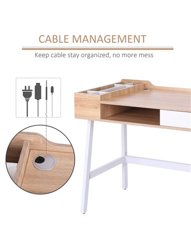 HOMCOM Computer Writing Desk Workstation with Drawer, Storage Compartments, Cable Management, Laptop Table Metal Frame Oak and W