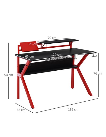 HOMCOM Gaming Desk Computer Table Stable Metal Frame Adjustable Feet w/ Cup Holder Headphone Hook, Cable Basket - Red 920-066RD - pic 34124 | FastDaddyshop