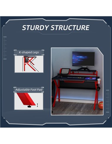 HOMCOM Gaming Desk Computer Table Stable Metal Frame Adjustable Feet w/ Cup Holder Headphone Hook, Cable Basket - Red 920-066RD