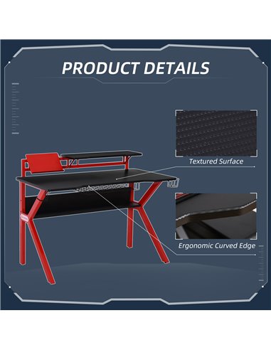 HOMCOM Gaming Desk Computer Table Stable Metal Frame Adjustable Feet w/ Cup Holder Headphone Hook, Cable Basket - Red 920-066RD