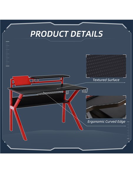 HOMCOM Gaming Desk Computer Table Stable Metal Frame Adjustable Feet w/ Cup Holder Headphone Hook, Cable Basket - Red 920-066RD - pic 34127 | FastDaddyshop